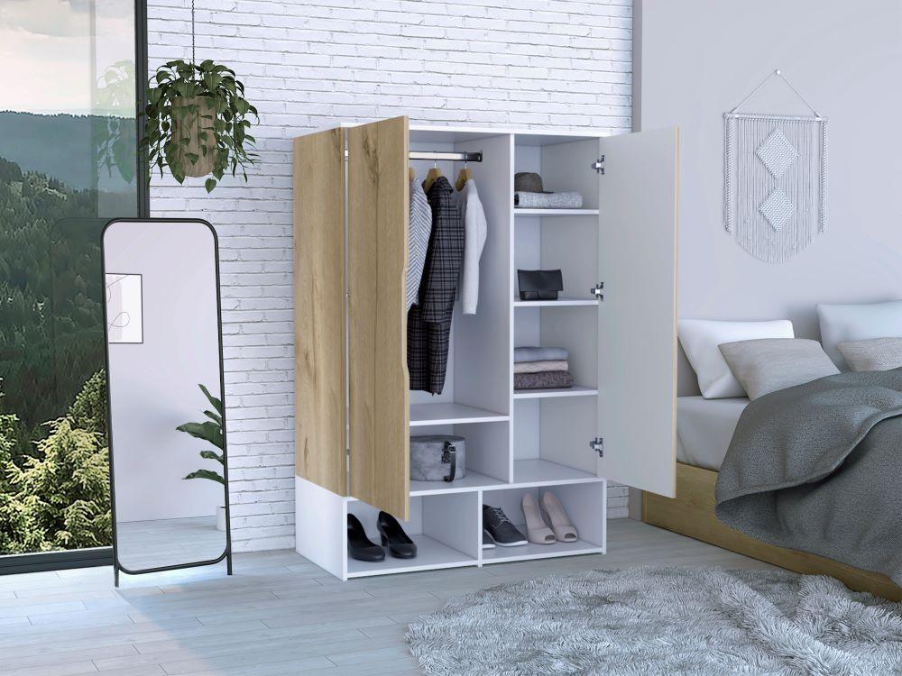 Closet Suey, Café Claro y Blanco, con Dos Puertas y Tubo Metalico Para Colgar Ropa ZF