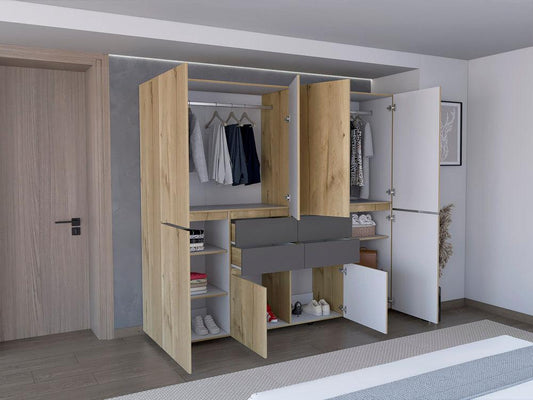 Closet Siruela, Café Claro y Blanco, con Cuatro Cajones, Ocho Puertas y Gran Capacidad de Almacenamiento