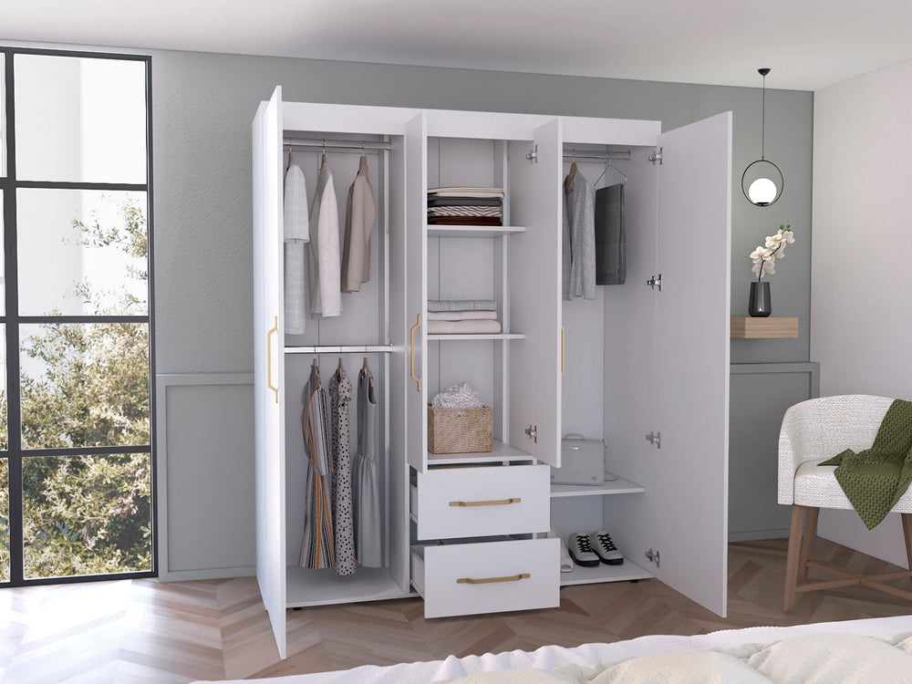 Closet Eco Golden, Blanco y Dorado, Variedad de Entrepaños y Cuatro Puertas Abatibles