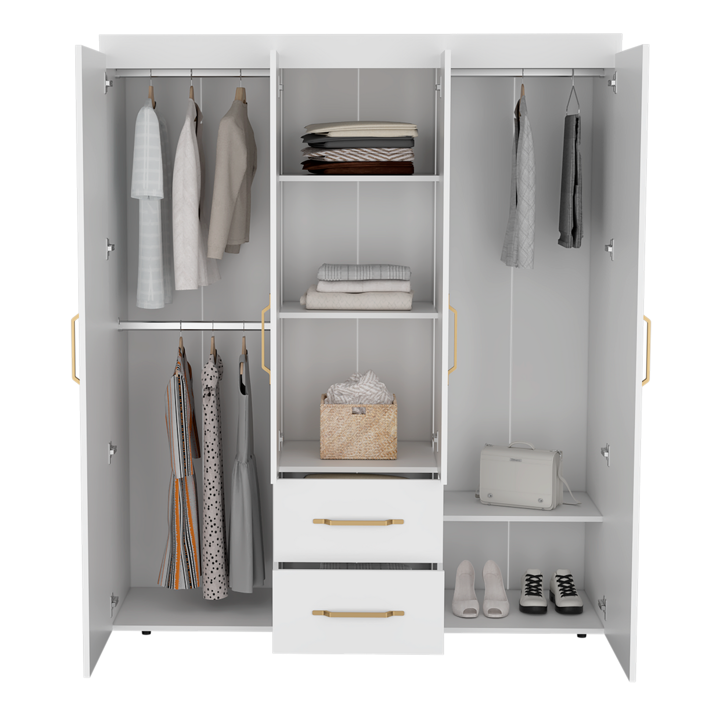 Closet Eco Golden, Blanco y Dorado, Variedad de Entrepaños y Cuatro Puertas Abatibles