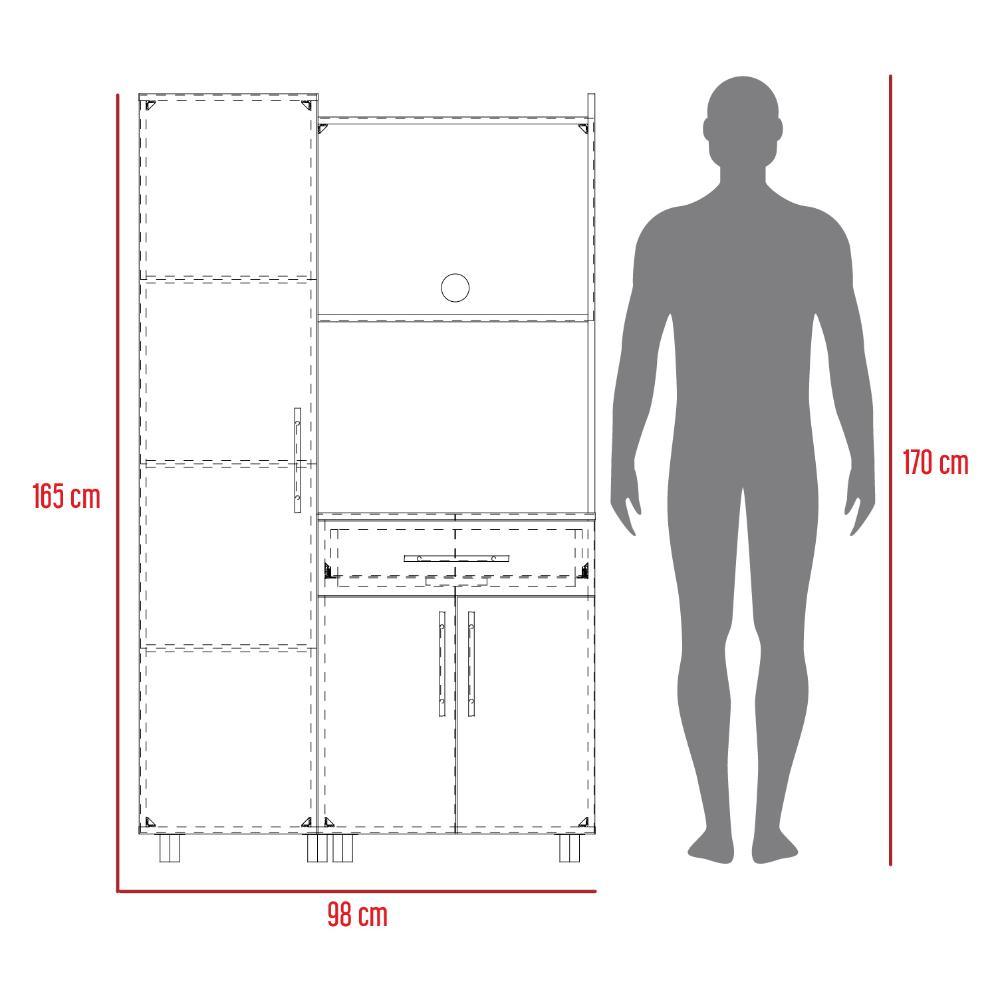 Alacena Panter, Blanco Duqueza y Bardolino, con espacio para microondas puertas abatibles y un cajon