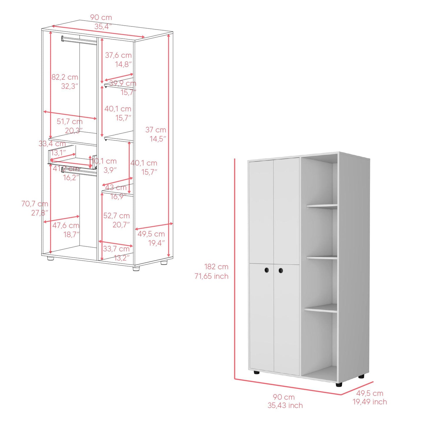 Closet Mandi, Blanco, con Dos Tubos y Un Cajon Deslizable ZF