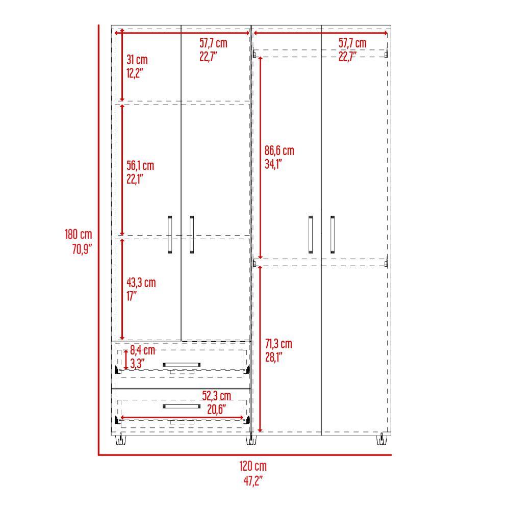 Closet Arkola, Milan y Wengue, con Dos Cajones Organizadores y Cuatro Puertas Abatibles