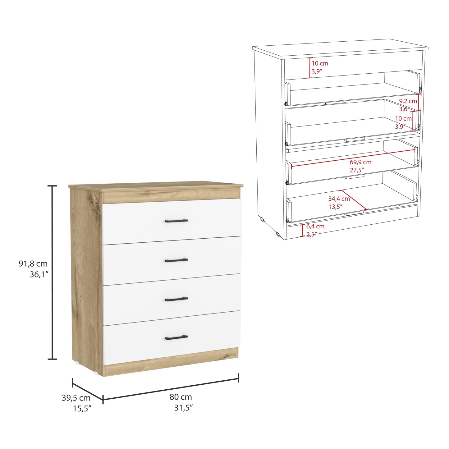 Organizador Douglas, Blanco y Café Claro, con Cuatro Cajones y Manijas Metalicas ZF