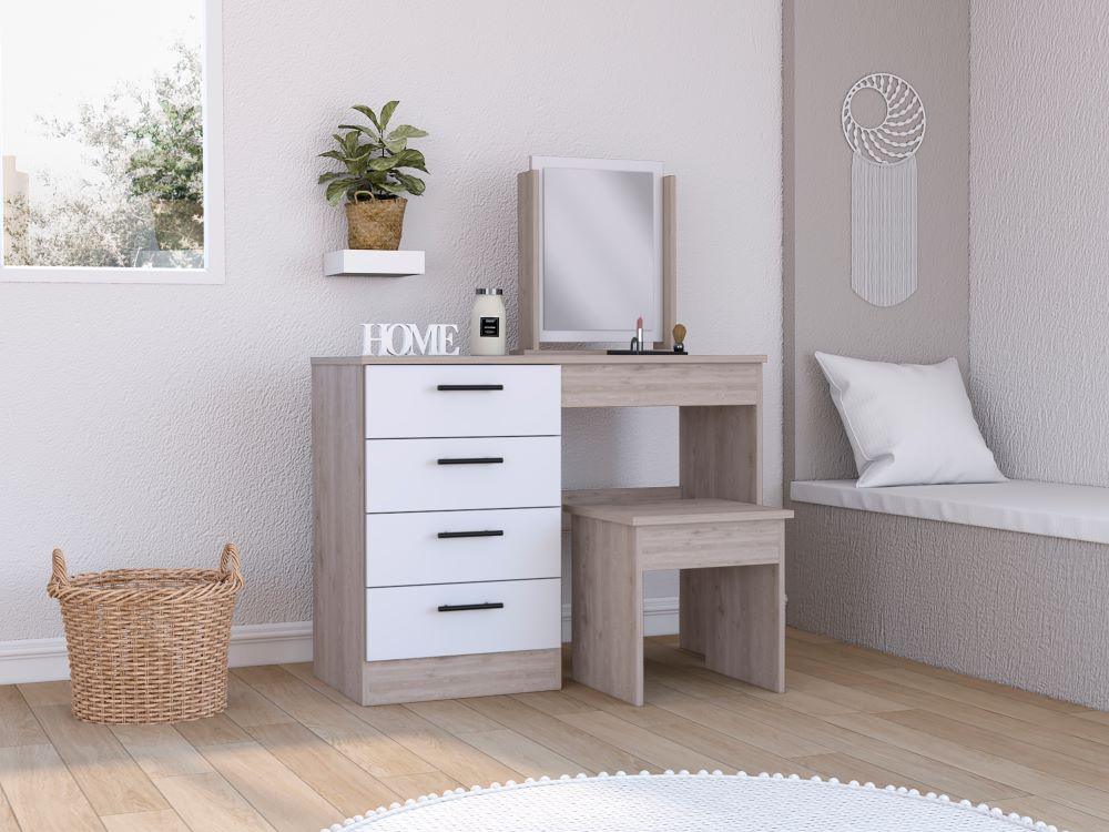 Mueble Tocador Perla,Humo y  Blanco Vainilla, Espacio Para Ubicar Maquillaje