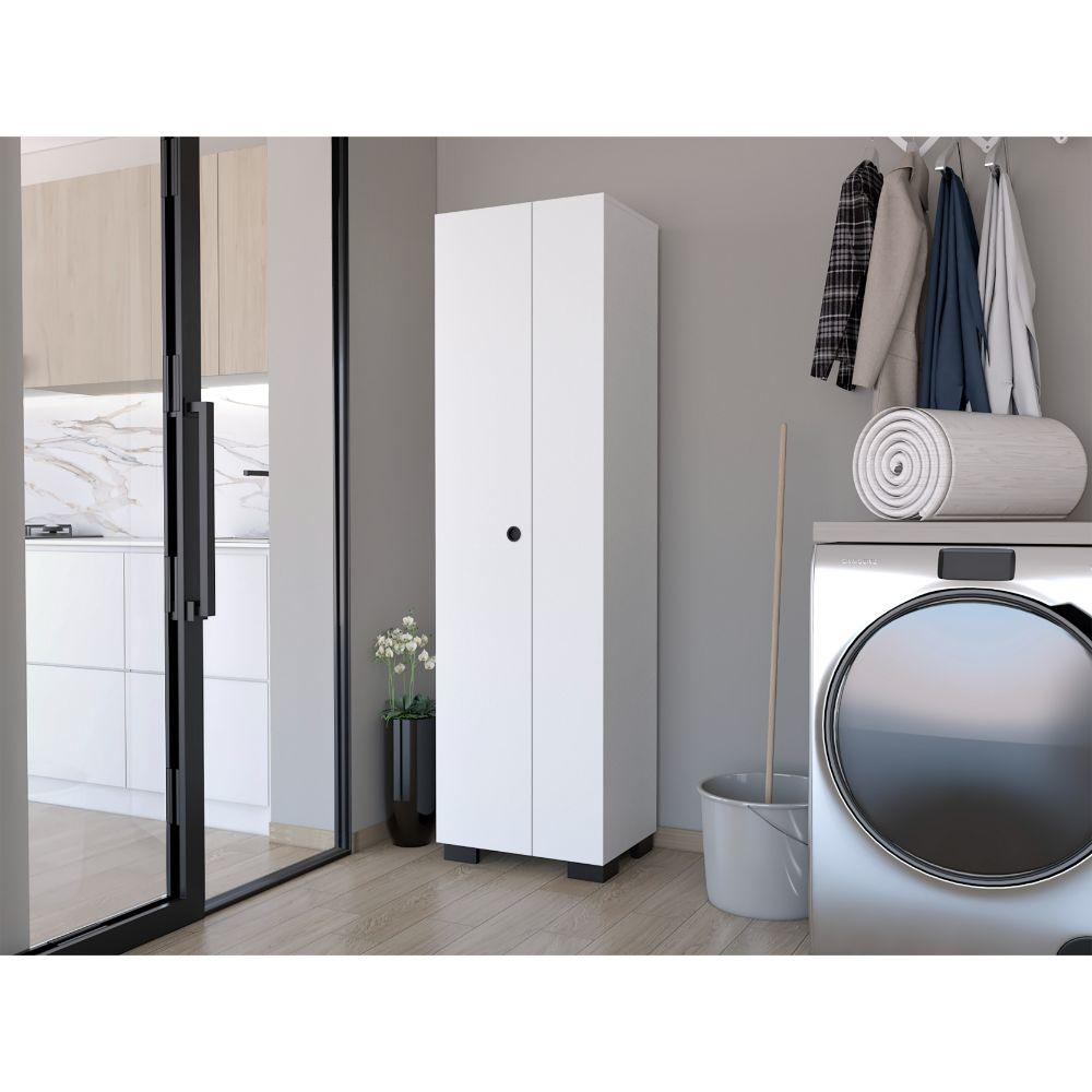 Mueble de Aseo Blake, Blanco, con Gran Espacio Para Almacenar articulos de Aseo y Colgadero de Escobas ZF