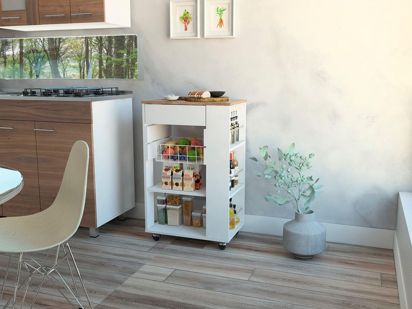 Mueble Organizador de Cocina Alhena, Blanco y Café Claro, con Entrepaños Para Ubicar Elementos de Cocina