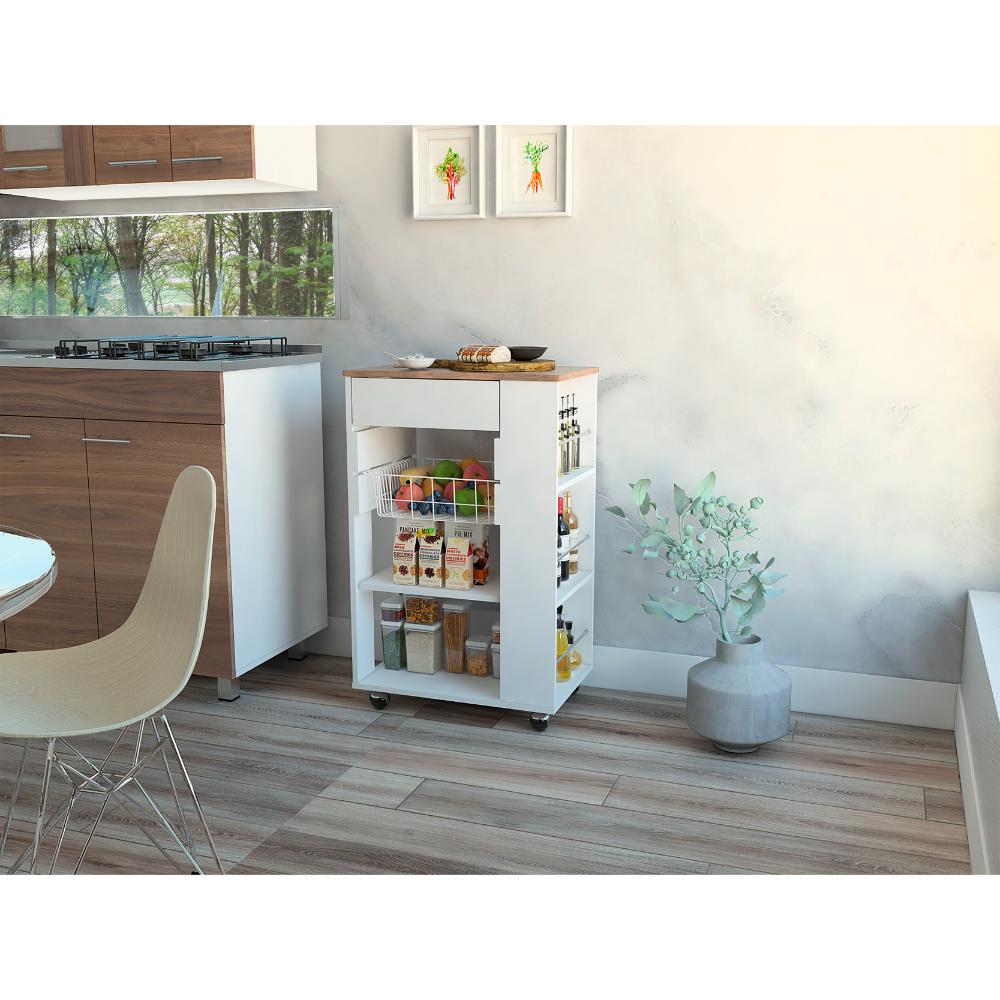 Mueble Organizador de Cocina Alhena, Blanco y Moca, con Entrepaños Para Ubicar Elementos de Cocina