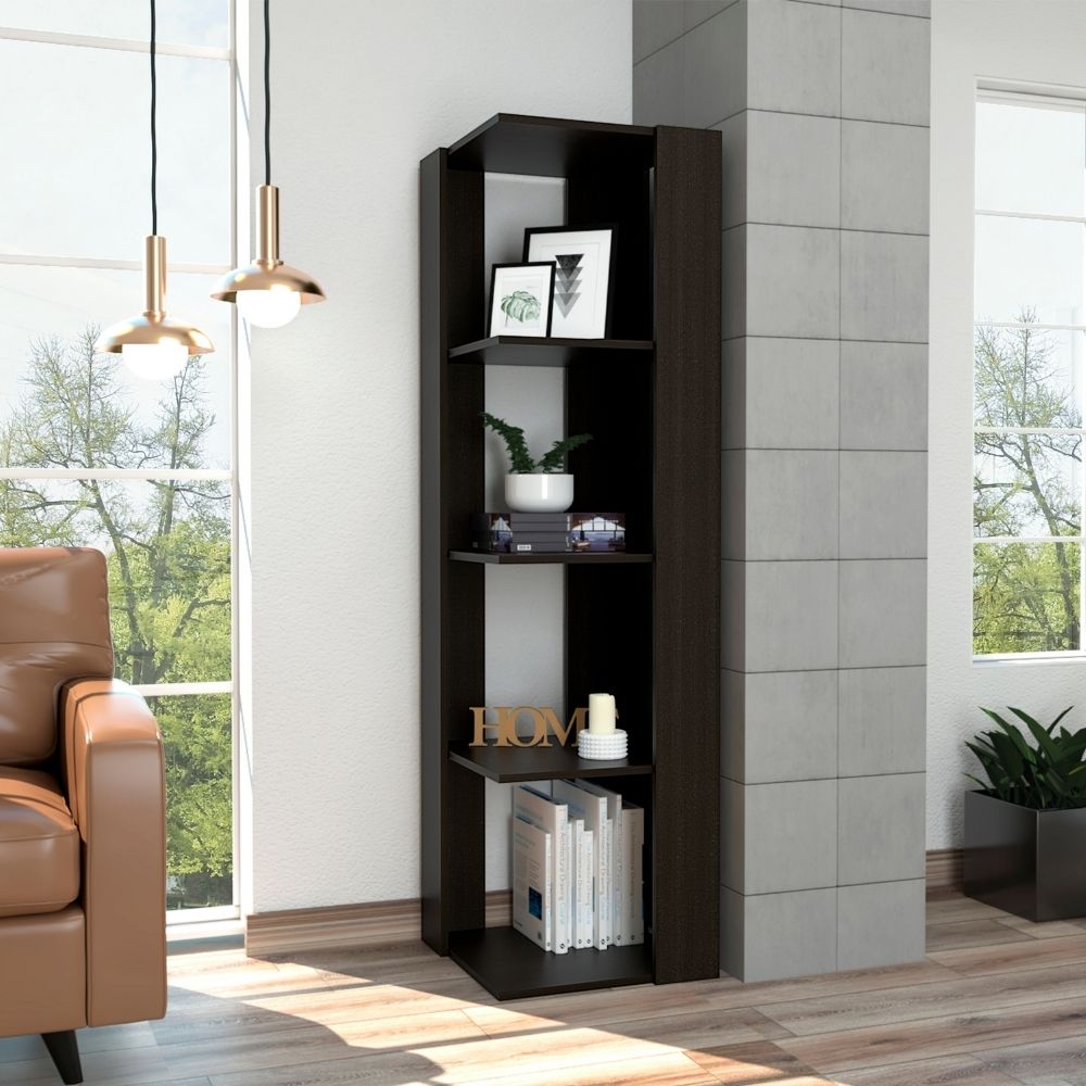 Mueble Esquinero Laurel, Wengue, con cuatro niveles para ubicar libros y objetos decorativos