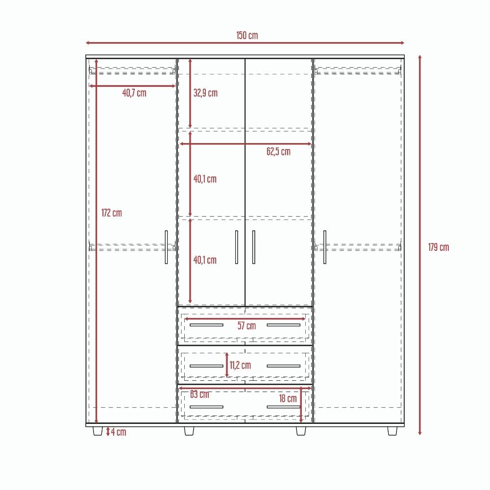 Closet Fontana, Wengue, con cuatro tubos para colgar ropa y zapatero en la parte inferior