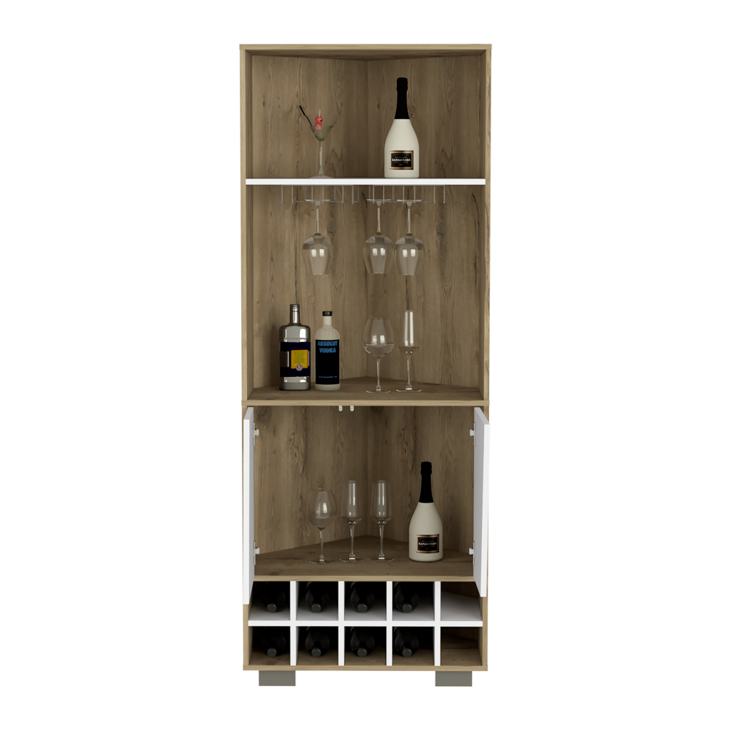 Bar Esquinero Orus, Macadamia y  Blanco, con espacio para botellas y porta copas HC