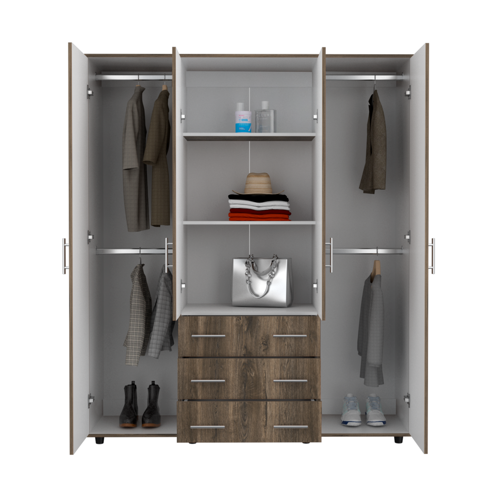 Closet Fontana, Nogal y Blanco, con cuatro puertas abatibles y tres cajones organizadores