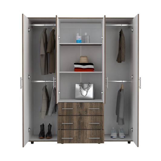 Closet Fontana, Nogal y Blanco, con cuatro puertas abatibles y tres cajones organizadores