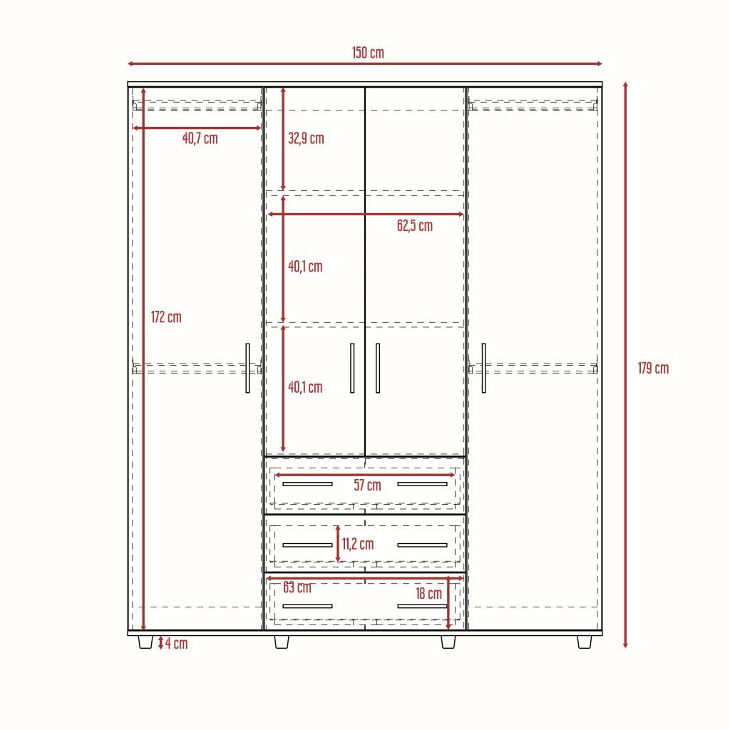 Closet Fontana, Nogal y Blanco, con cuatro puertas abatibles y tres cajones organizadores