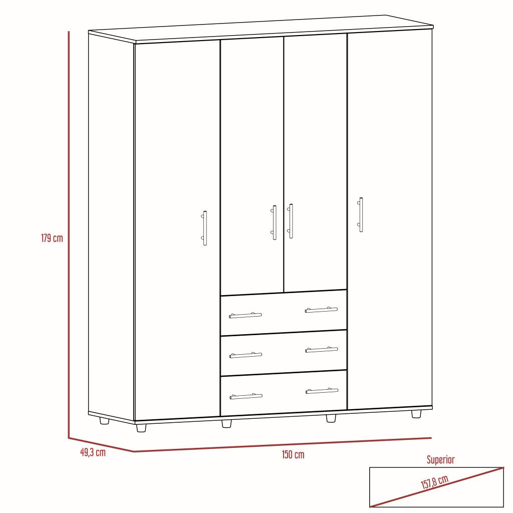 Closet Fontana, Nogal y Blanco, con cuatro puertas abatibles y tres cajones organizadores