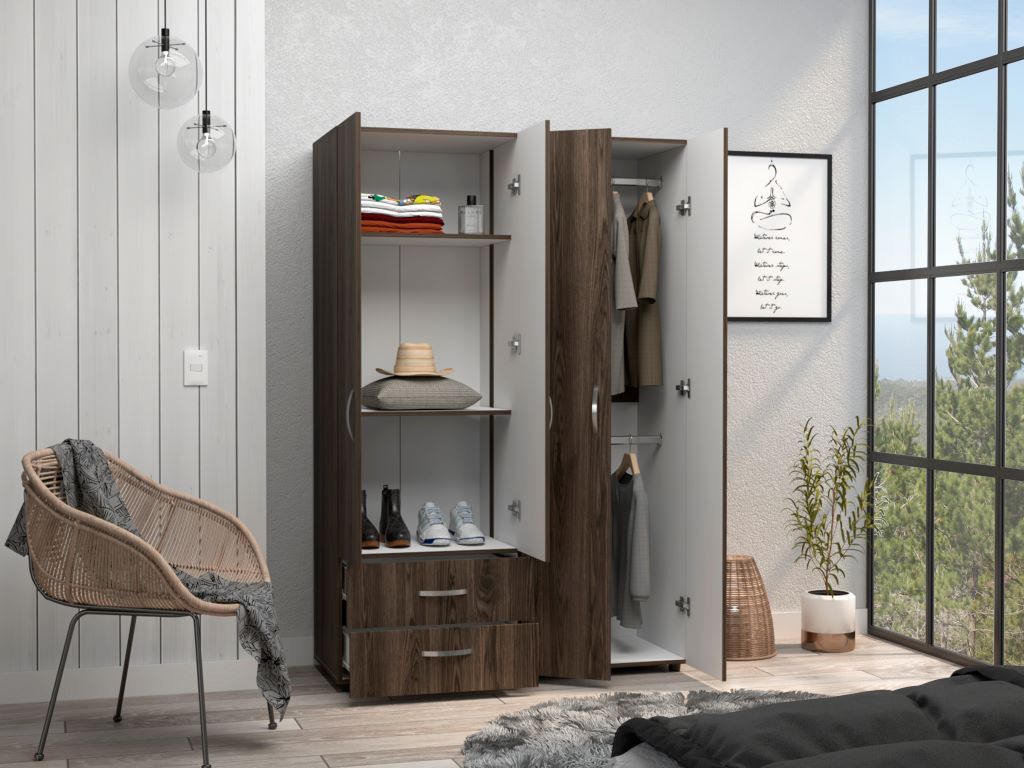 Closet Arkola, Chocolate y Blanco, con dos cajones organizadores y cuatro puertas abatibles