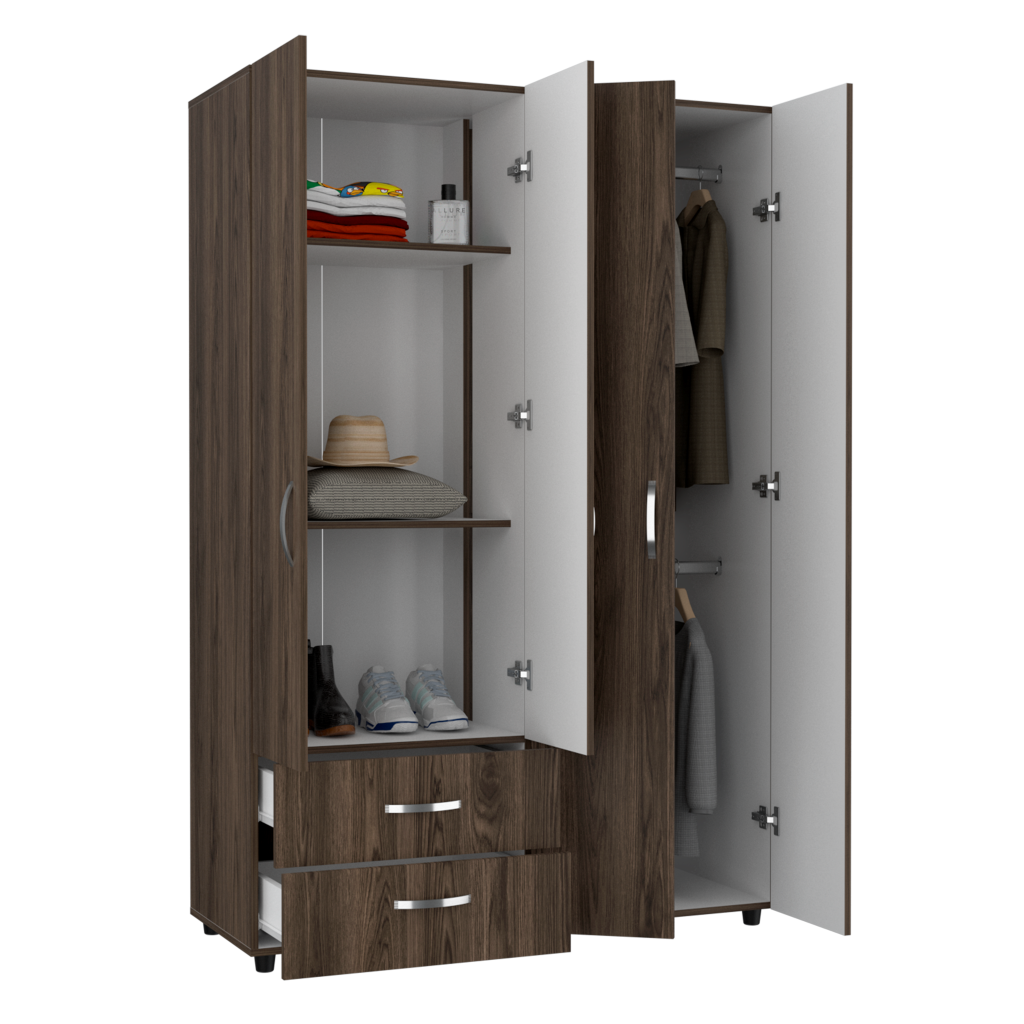 Closet Arkola, Chocolate y Blanco, con dos cajones organizadores y cuatro puertas abatibles