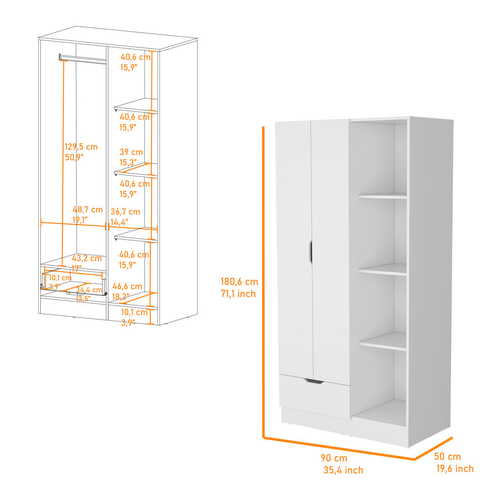 Closet Memphis, Blanco Duqueza, con un tubo cromado y cuatro entrepaños ZF