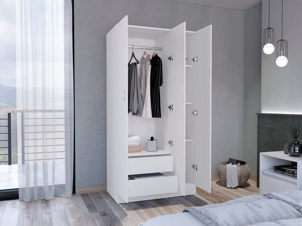 Closet Orbe, Blanco Duqueza, con dos cajones, cuatro entrepaños y tubo cromado ZF