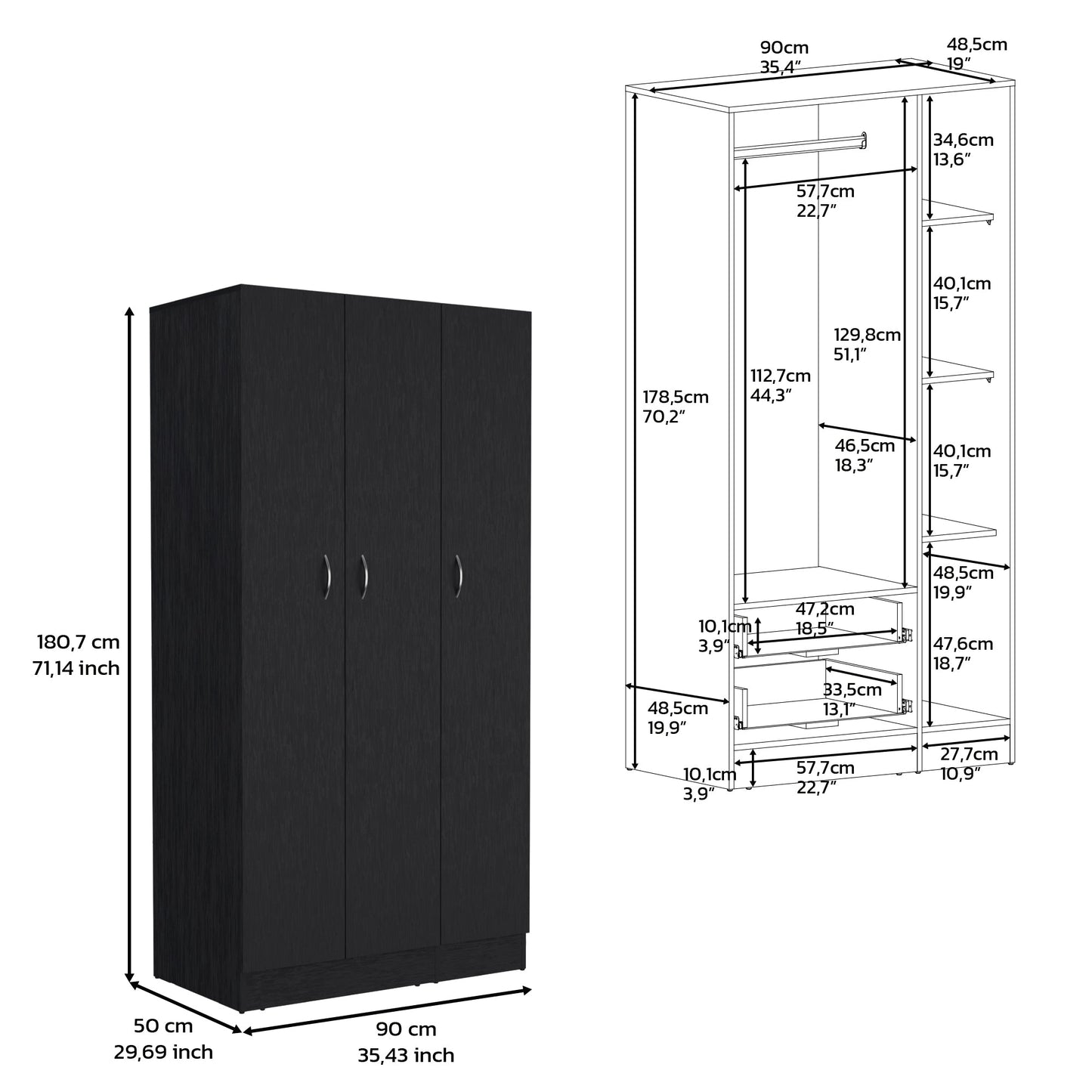 Closet Orbe, Wengue con dos cajones, 4 entrepaños y tubo cromado ZF