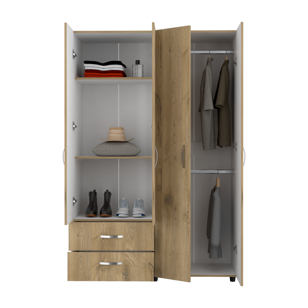 Closet Arkola, Macadamia y Blanco, con dos cajones organizadores y cuatro puertas abatibles