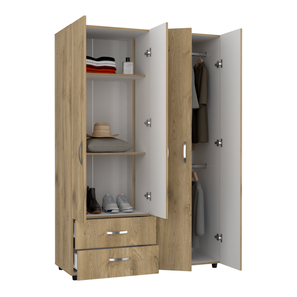 Closet Arkola, Macadamia y Blanco, con dos cajones organizadores y cuatro puertas abatibles