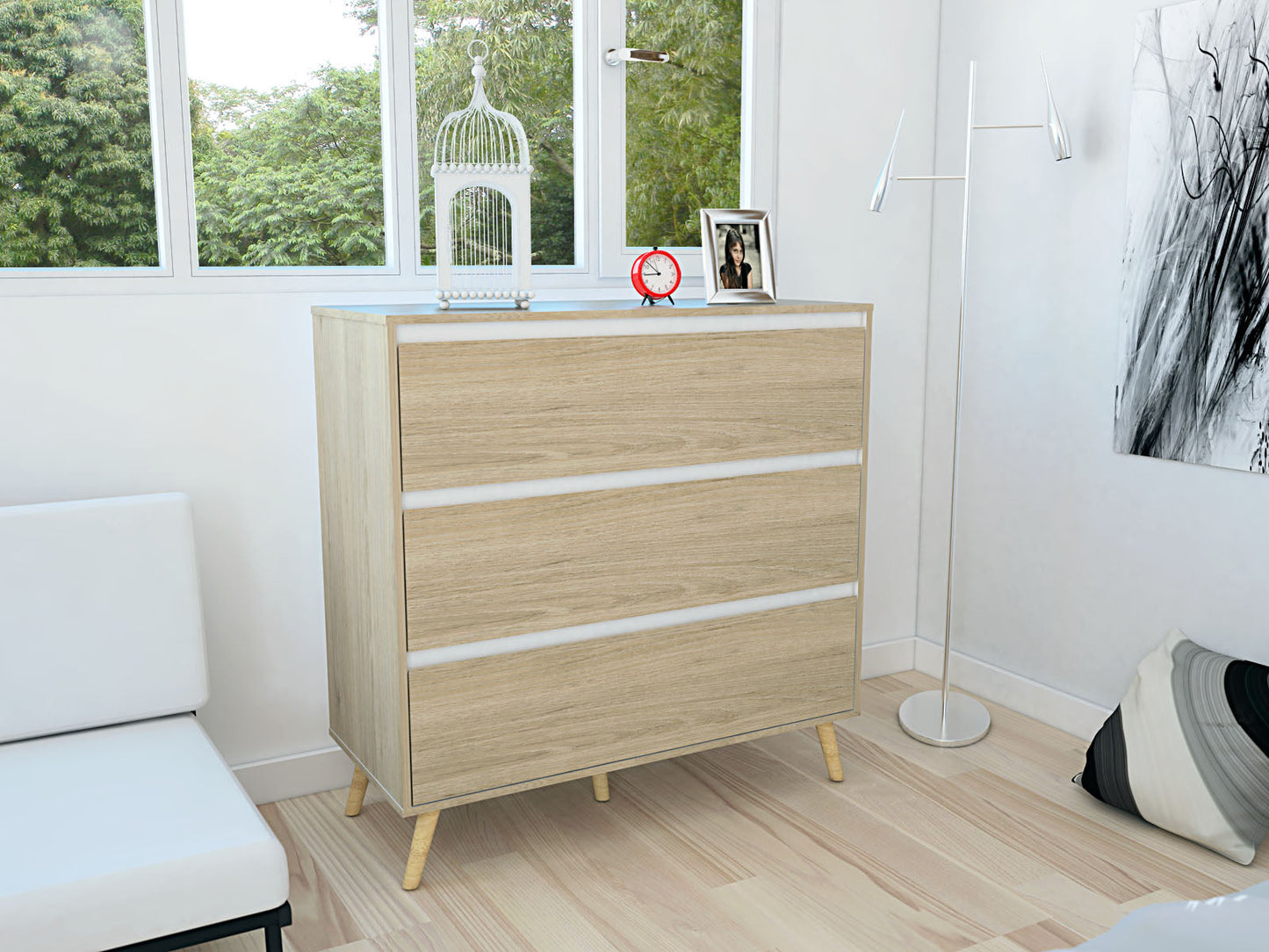 Organizador Durham, Beige y Blanco, con tres cajones amplios y patas en madera