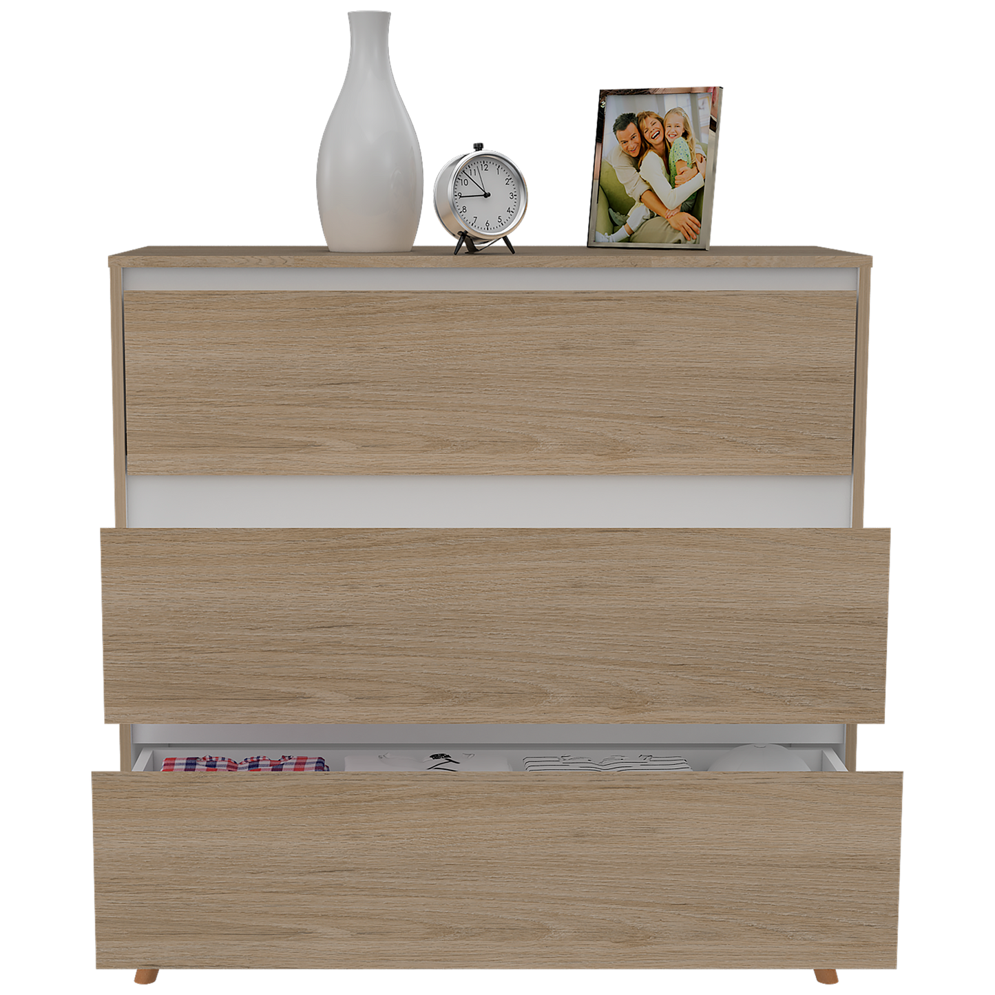 Organizador Durham, Beige y Blanco, con tres cajones amplios y patas en madera