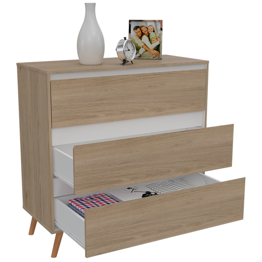 Organizador Durham, Beige y Blanco, con tres cajones amplios y patas en madera