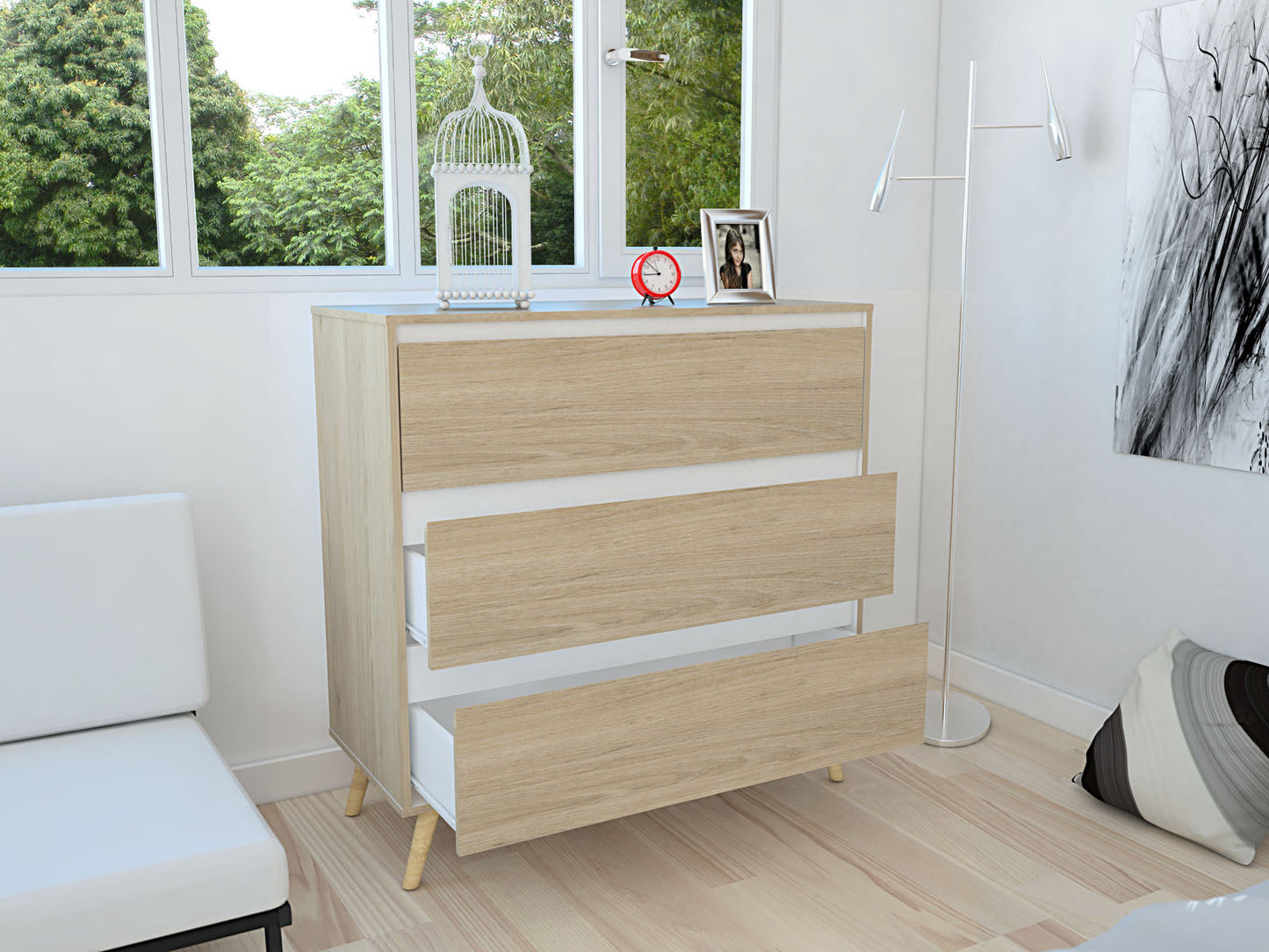 Organizador Durham, Beige y Blanco, con tres cajones amplios y patas en madera