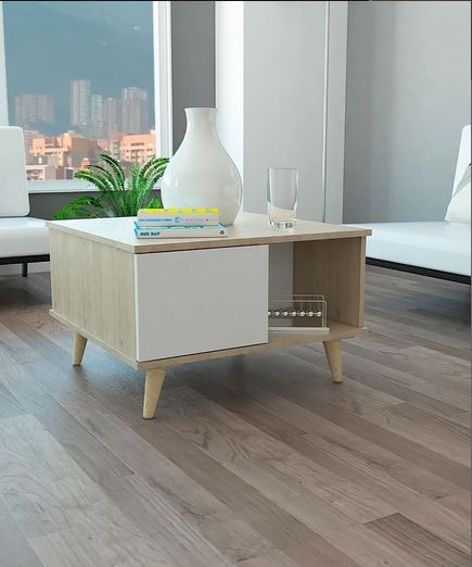 Mesa de Centro Bruno, Beige y Blanco, con una puerta y patas de madera