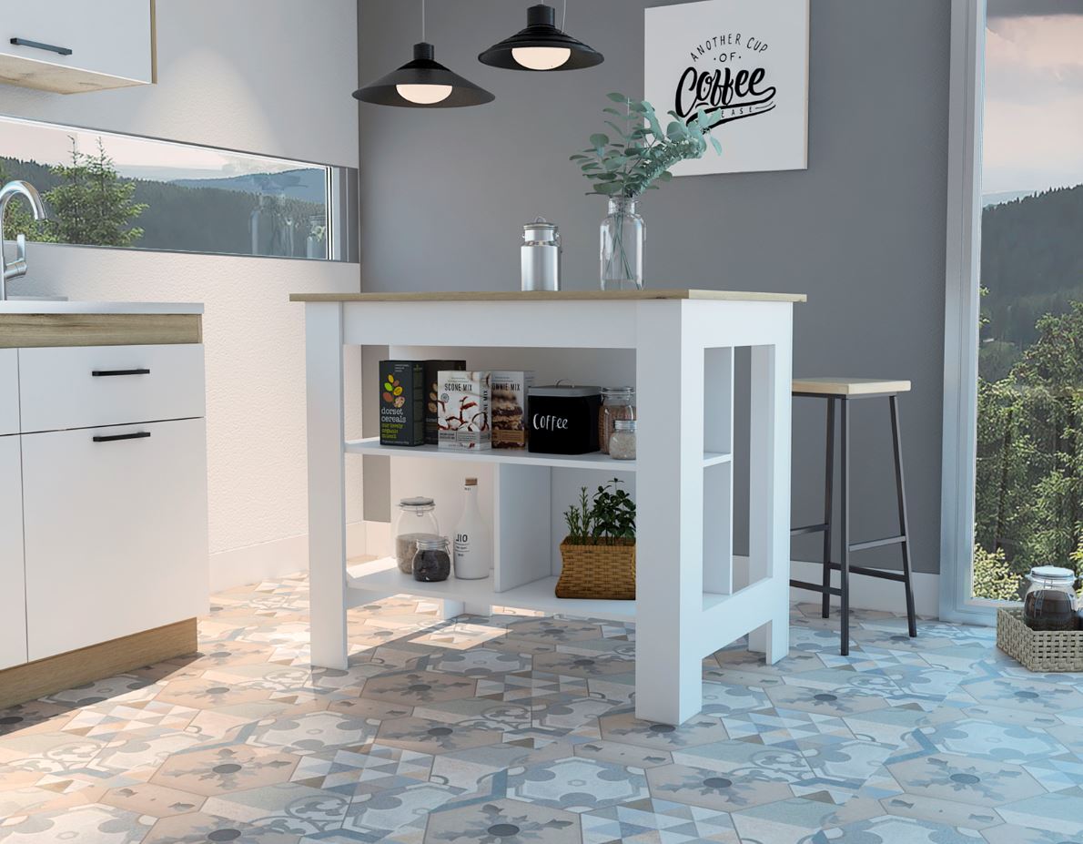 Mueble Auxiliar de Cocina Draco, Blanco y Miel, con dos entrepaños y amplia superficie en la mesa