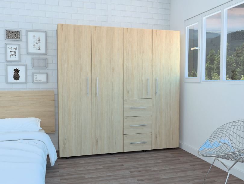 Closet Poche, Beige y Blanco, con tres cajones multiusos y cuatro puertas batientes