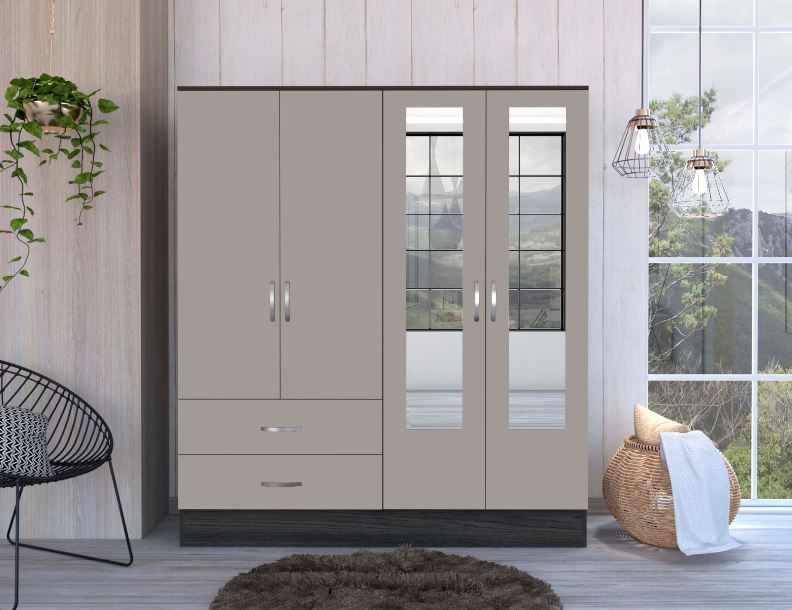 Closet Aster con Espejos, Gris y Cocoa, con varios entrepaños y cuatro puertas abatibles