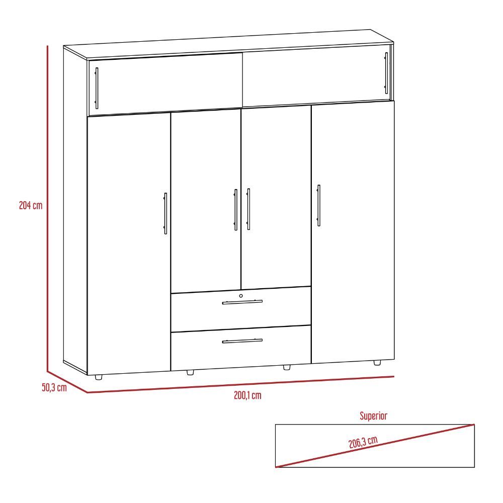 Closet Babel, Macadamia y Blanco, con cuatro puertas abatibles y cuatro cajones multiusos