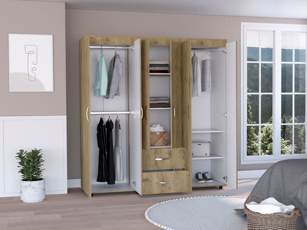 Closet Bombay, Macadamia y Blanco, variedad de entrepaños y seis puertas abatibles