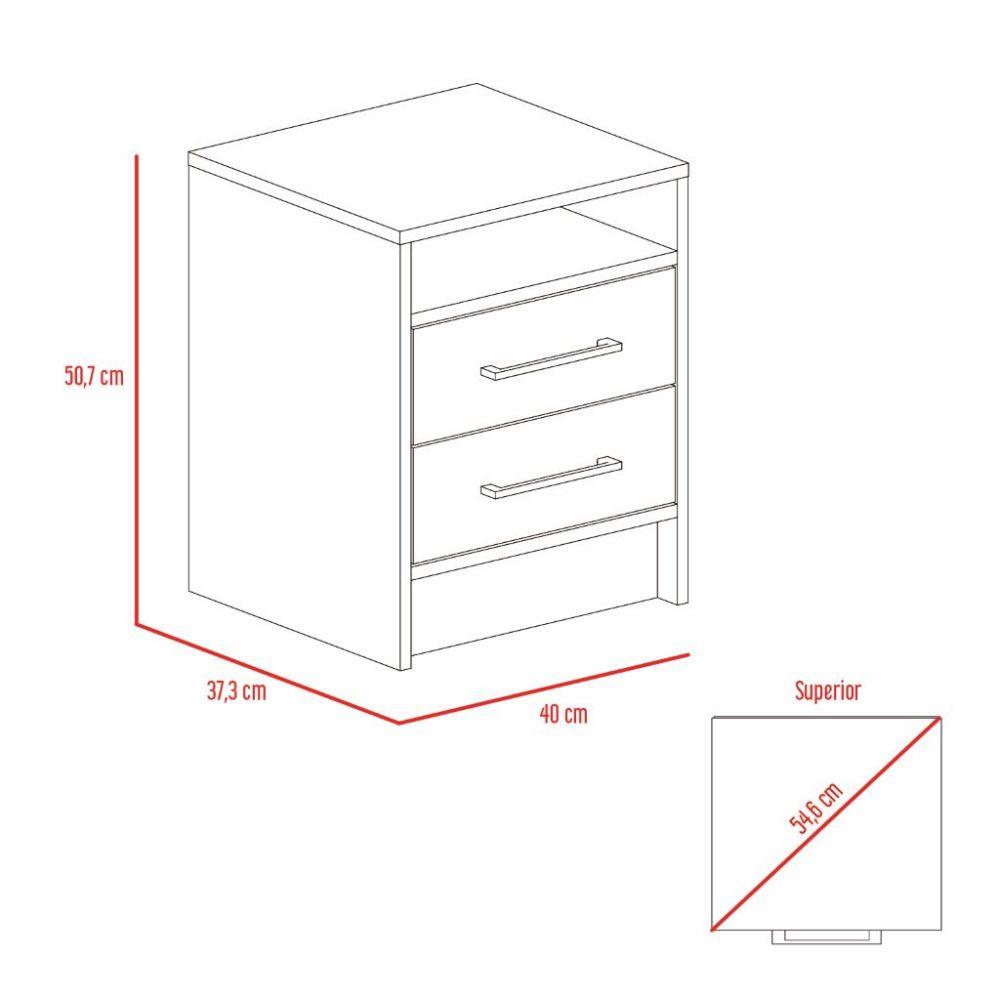 Mesa de Noche Douglas Macadamia y Blanco Duqueza color con un entrepaño superior y dos cajones organizadores x2 para Habitación.