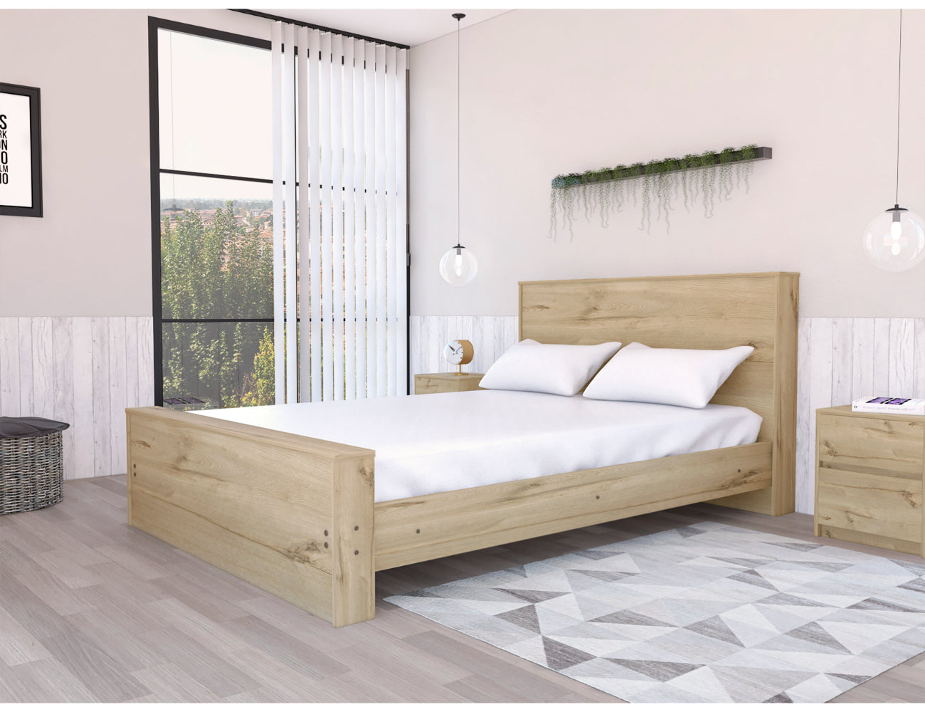 Base Cama Doble Felix, Café claro, incluye tendido de tablas