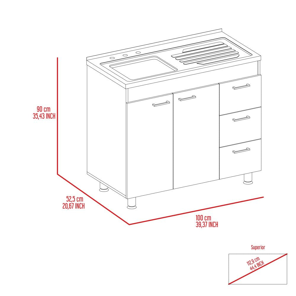 Gabinete Inferior Stella, Blanco Perla, con Dos Puertas Batientes y Tres Cajones Deslizables, con Mesón Izquierdo  ZF