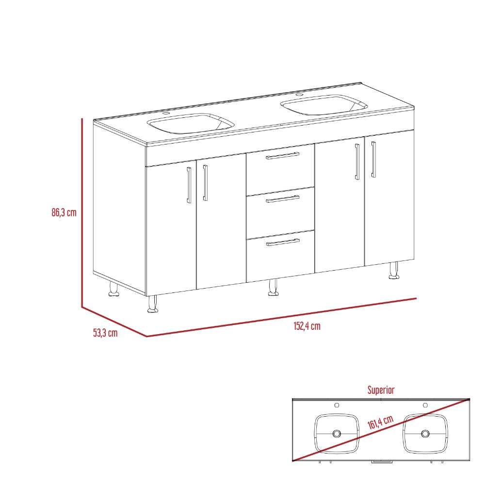 Mueble Lavamanos Homer, Wengue, con 4 puertas y 3 cajones