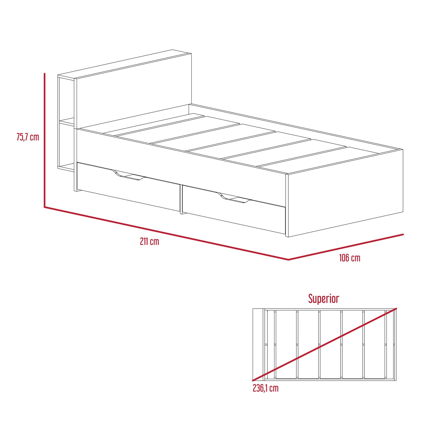 Cama Sencilla Lena, Cobre, con detalle funcional en la cabecera para libros y objetos personales