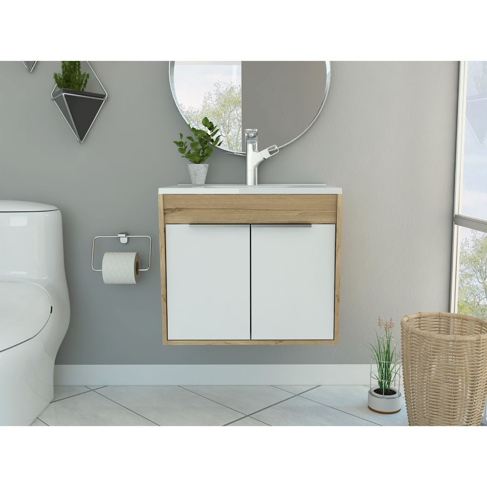 Mueble Lavamanos Burco color Café claro y Blanco para Baño.