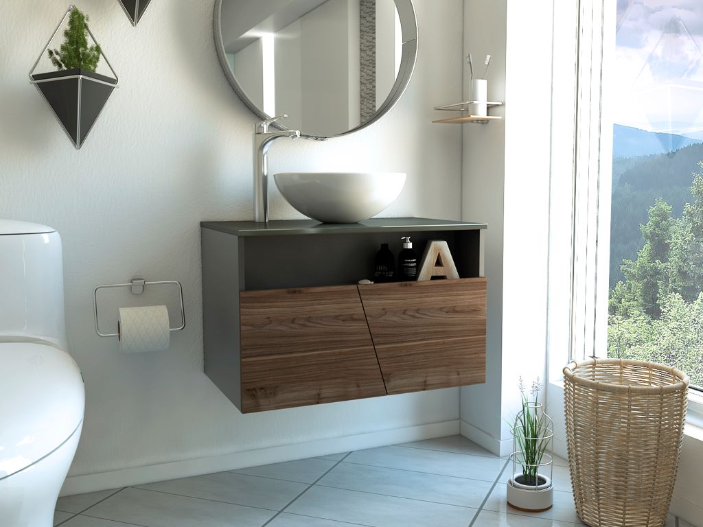 Mueble Lavamanos Beta color Castaño y Plata Oscuro para Baño.