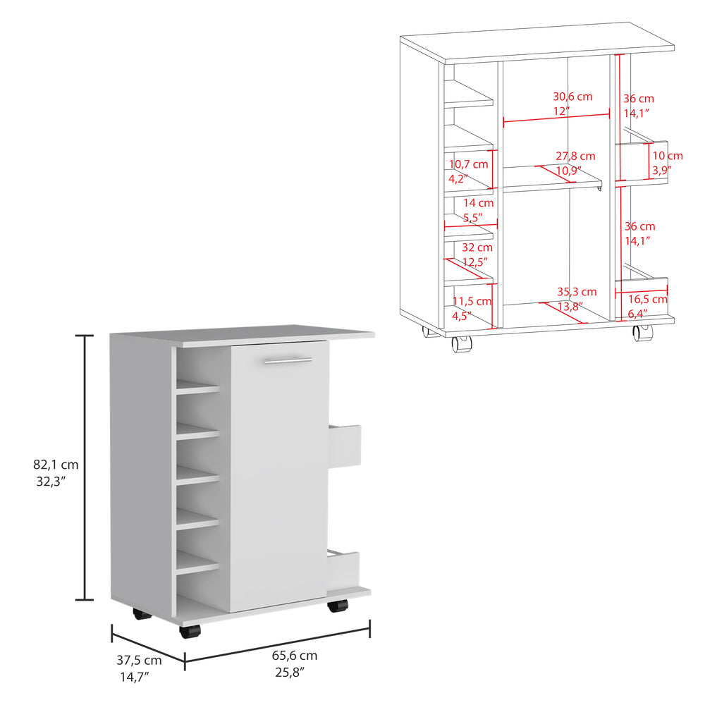 Bar Movible Liam, Blanco Duqueza, con espacio para ubicar copas y rodachines ZF