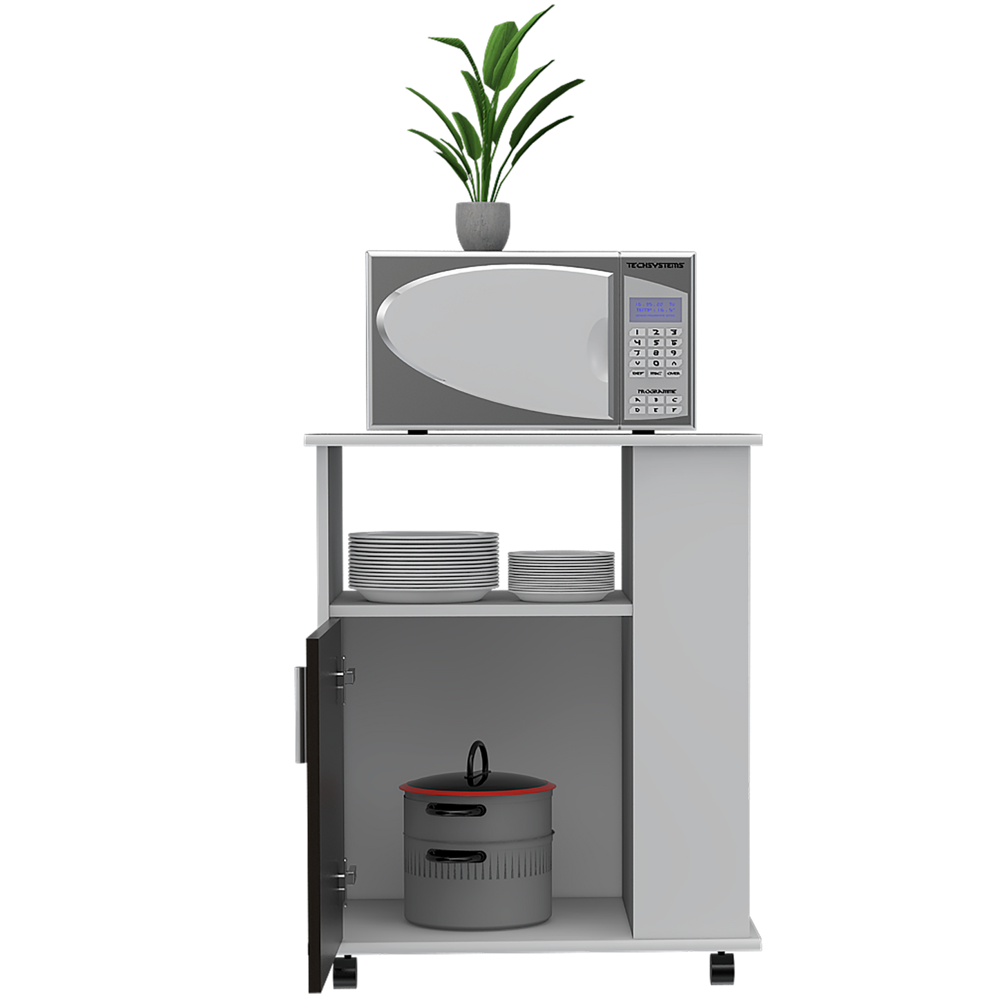 Módulo Microondas Tahara, Wengue y Blanco, con rodachinas plásticas y amplio espacio para almacenar utensilios