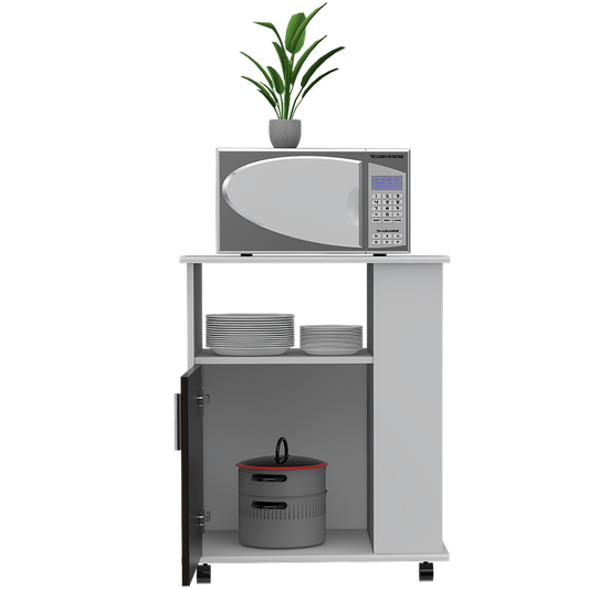 Módulo Microondas Tahara, Wengue y Blanco, con rodachinas plásticas y amplio espacio para almacenar utensilios