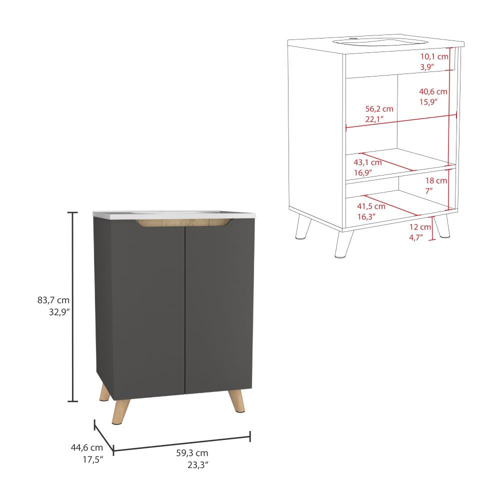 Mueble Lavamanos Apolis, Plata oscuro y Café claro, con Dos Puerta Batientes