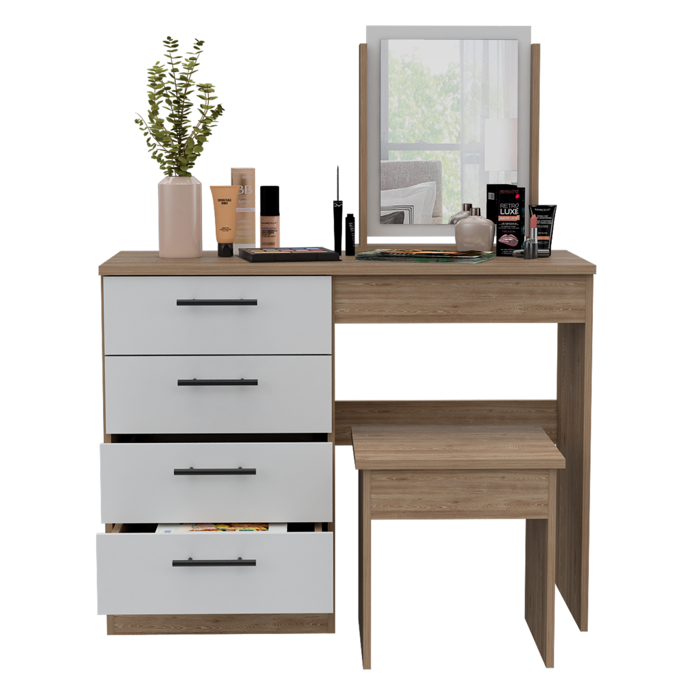 Mueble Tocador Wesley, Miel y Blanco, Cuatro Cajones Para Ubicar Maquillaje