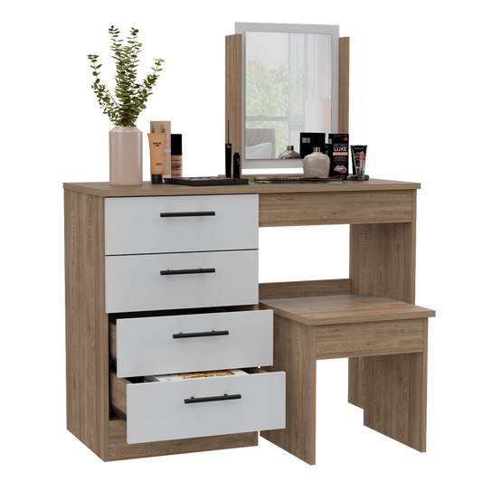 Mueble Tocador Wesley, Miel y Blanco, Cuatro Cajones Para Ubicar Maquillaje