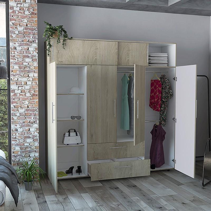 Closet Babel, Beige y Blanco, con cuatro puertas abatibles y cuatro cajones multiusos